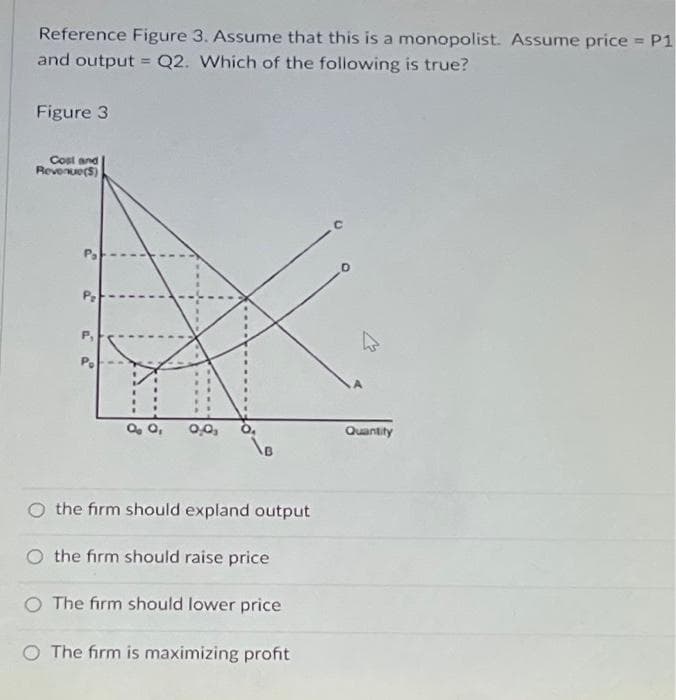 Reference Figure 3. Assume that this is a monopolist. Assume price = P1
and output = Q2. Which of the following is true?
Figure 3
Cost and
Revenue(5)
P₂
P₁
Po
Q O, 0,0,
the firm should expland output
the firm should raise price
The firm should lower price
O The firm is maximizing profit
Quantity
