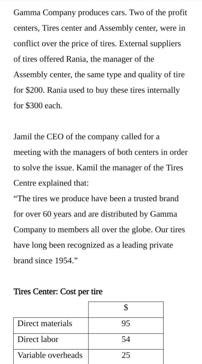 Gamma Company produces cars. Two of the profit
centers, Tires center and Assembly center, were in
conflict over the price of tires. External suppliers
of tires offered Rania, the manager of the
Assembly center, the same type and quality of tire
for $200. Rania used to buy these tires internally
for $300 each.
Jamil the CEO of the company called for a
meeting with the managers of both centers in order
to solve the issue. Kamil the manager of the Tires
Centre explained that:
"The tires we produce have been a trusted brand
for over 60 years and are distributed by Gamma
Company to members all over the globe. Our tires
have long been recognized as a leading private
brand since 1954."
Tires Center: Cost
per
tire
2$
Direct materials
95
Direct labor
54
Variable overheads
25
