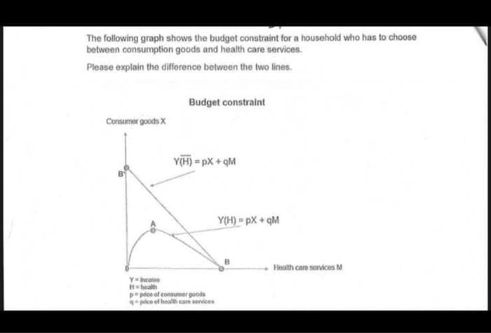 The following graph shows the budget constraint for a household who has to choose
between consumption goods and health care services.
Please explain tho difference between the two lines.
Budget constraint
Corsumer goods X
Y(H) = pX + qM
Y(H) = pX + qM
Haalth care services M
Y-Incone
H=health
ppeice of consunmer goods
9*peice of healh care services
