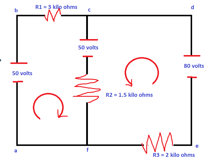 R1 = 3 kilo ohms
d
b
50 volts
J
80 volts
50 volts
R2 = 1.5 kilo ohms
a
f
R3 = 2 kilo ohms
