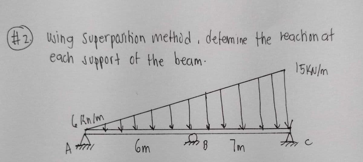 (#2) Using Superposition method, determine the reaction at
each support of the beam.
15KN/m
6 kn/m
A
6m
B
7m