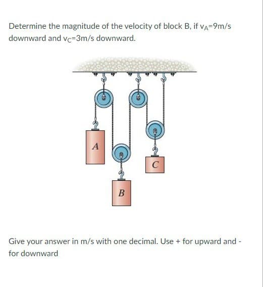 Determine the magnitude of the velocity of block B, if VA=9m/s
downward and vc-3m/s downward.
A
B
C
Give your answer in m/s with one decimal. Use + for upward and -
for downward