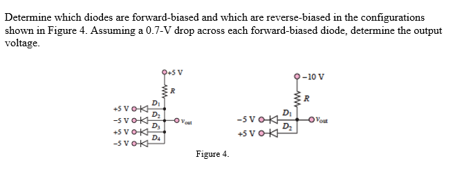 Determine which diodes are forward-biased and which are reverse-biased in the configurations
shown in Figure 4. Assuming a 0.7-V drop across each forward-biased diode, determine the output
voltage.
O+5 V
-10 V
R
DI
+s vOK
D,
-SVOKH
D3
+s vOK
D4
-5 voK
DI
-5VOK
Dz
OVout
OVout
+5 voK
Figure 4.
