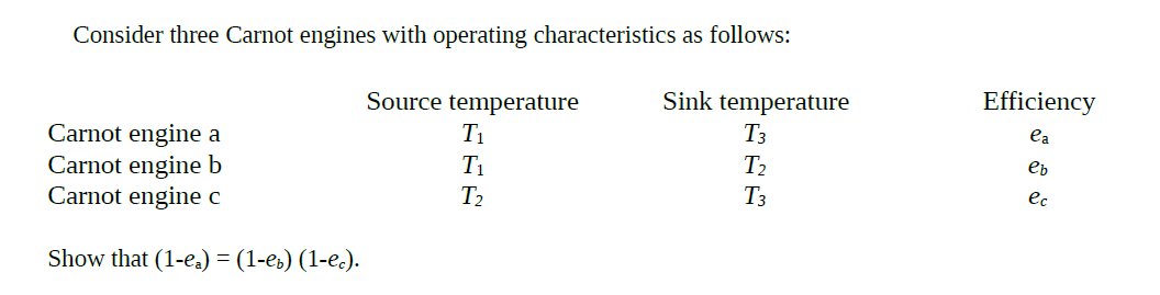 Consider three Carnot engines with operating characteristics as follows:
Source temperature
Sink temperature
Efficiency
T1
T3
ea
Carnot engine a
Carnot engine b
Carnot engine c
T1
T2
eb
T2
T3
ec
Show that (1-e,) 3 (1-е.) (1-е.).

