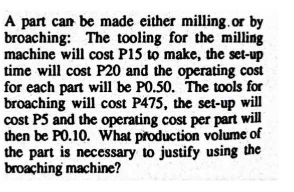 A part can be made either milling. or by
broaching: The tooling for the milling
machine will cost P15 to make, the set-up
time will cost P20 and the operating cost
for each part will be P0.50. The tools for
broaching will cost P475, the set-up will
cost P5 and the operating cost per part will
then be P0.10. What production volume of
the part is necessary to justify using the
broaching machine?