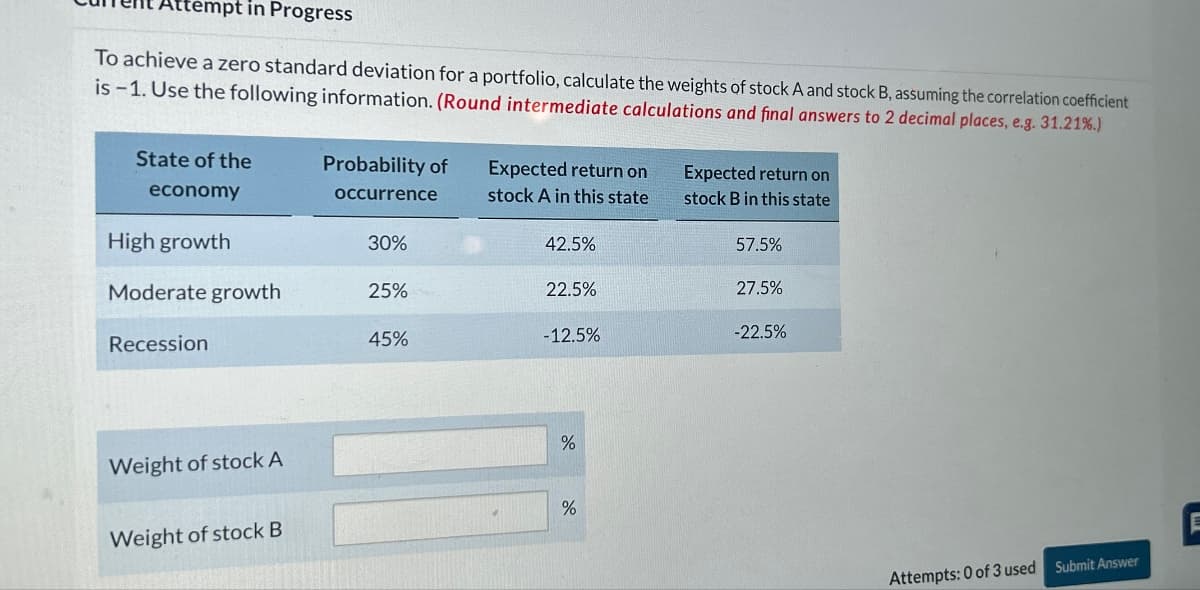 Attempt in Progress
To achieve a zero standard deviation for a portfolio, calculate the weights of stock A and stock B, assuming the correlation coefficient
is-1. Use the following information. (Round intermediate calculations and final answers to 2 decimal places, e.g. 31.21%.)
State of the
economy
occurrence
Expected return on
Probability of
Expected return on
stock A in this state
stock B in this state
High growth
30%
42.5%
57.5%
Moderate growth
25%
22.5%
27.5%
Recession
45%
-12.5%
-22.5%
Weight of stock A
%
Weight of stock B
%
Attempts: 0 of 3 used Submit Answer
C