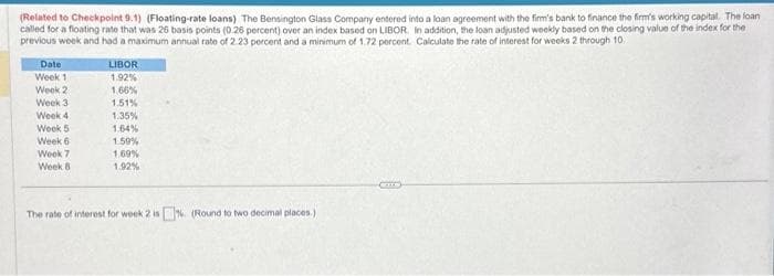 (Related to Checkpoint 9.1) (Floating-rate loans) The Bensington Glass Company entered into a loan agreement with the firm's bank to finance the firm's working capital. The loan
called for a floating rate that was 26 basis points (0.26 percent) over an index based on LIBOR. In addition, the loan adjusted weekly based on the closing value of the index for the
previous week and had a maximum annual rate of 2.23 percent and a minimum of 1.72 percent. Calculate the rate of interest for weeks 2 through 10.
Date
Week 1
Week 2
Week 3
Week 4
Week 5
Week 6
Wook 7
Week 8
LIBOR
1.92%
1.66%
1.51%
1.35%
1.64%
1.59%
1.69%
1.92%
The rate of interest for week 2 is%. (Round to two decimal places.)
COLLE