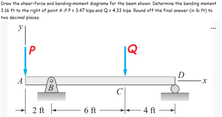 Draw the shear-force and bending-moment diagrams for the beam shown. Determine the bending moment
3.16 ft to the right of point A if P = 3.47 kips and Q = 4.33 kips. Round off the final answer (in lb ft) to
two decimal places.
2
Q
D
X
A
P
2 ft
B
6 ft
с
- 4 ft -