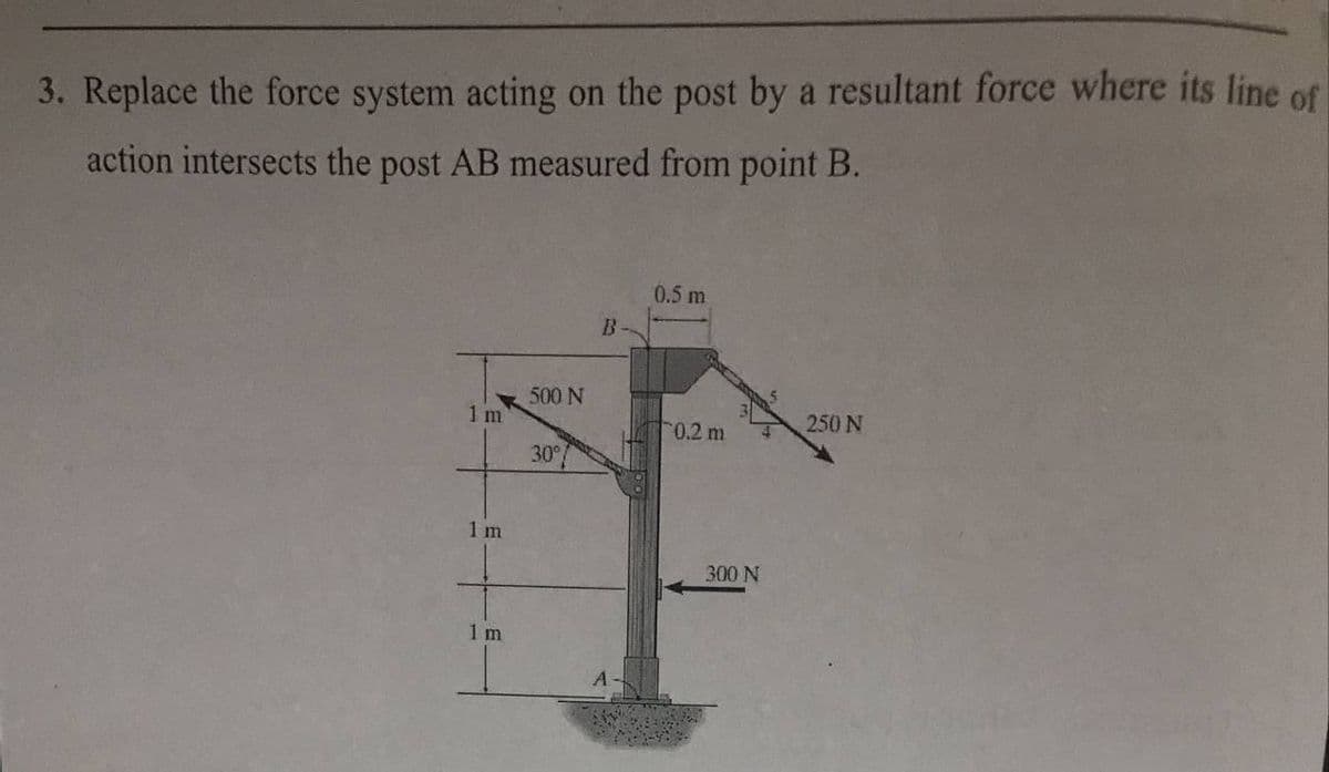 3. Replace the force system acting on the post by a resultant force where its line of
action intersects the post AB measured from point B.
0.5 m
B-
500 N
1 m
250 N
0.2 m
30
1 m
300 N
1 m
