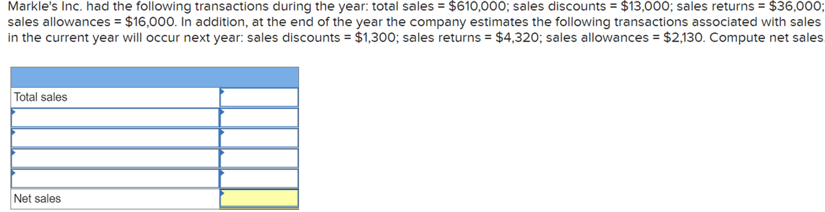 Markle's Inc. had the following transactions during the year: total sales = $610,000; sales discounts = $13,000; sales returns = $36,000;
sales allowances = $16,000. In addition, at the end of the year the company estimates the following transactions associated with sales
in the current year will occur next year: sales discounts = $1,300; sales returns = $4,320; sales allowances = $2,130. Compute net sales.
Total sales
Net sales
