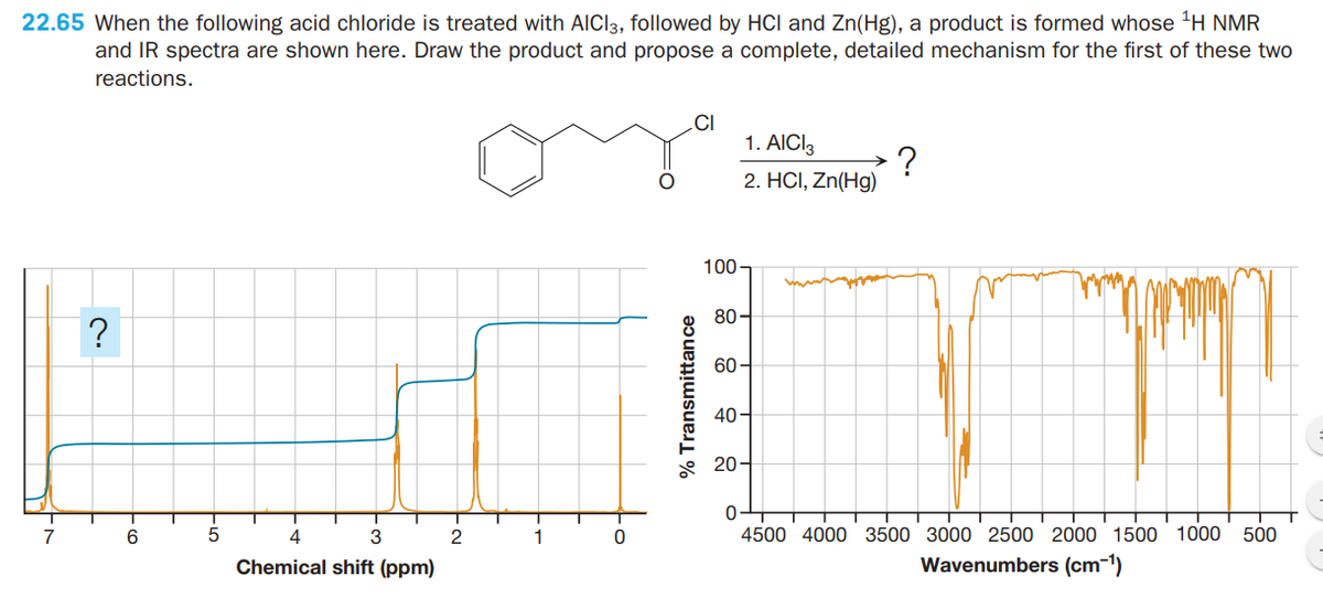 22.65 When the following acid chloride is treated with AICI3, followed by HCl and Zn(Hg), a product is formed whose 'H NMR
and IR spectra are shown here. Draw the product and propose a complete, detailed mechanism for the first of these two
reactions.
.CI
1. AICI3
2. HCI, Zn(Hg)
100
80-
?
60
40-
* 20-
7
4
3
1
4500 4000 3500 3000 2500 2000 1500 1000
500
Chemical shift (ppm)
Wavenumbers (cm-1)
% Transmittance
