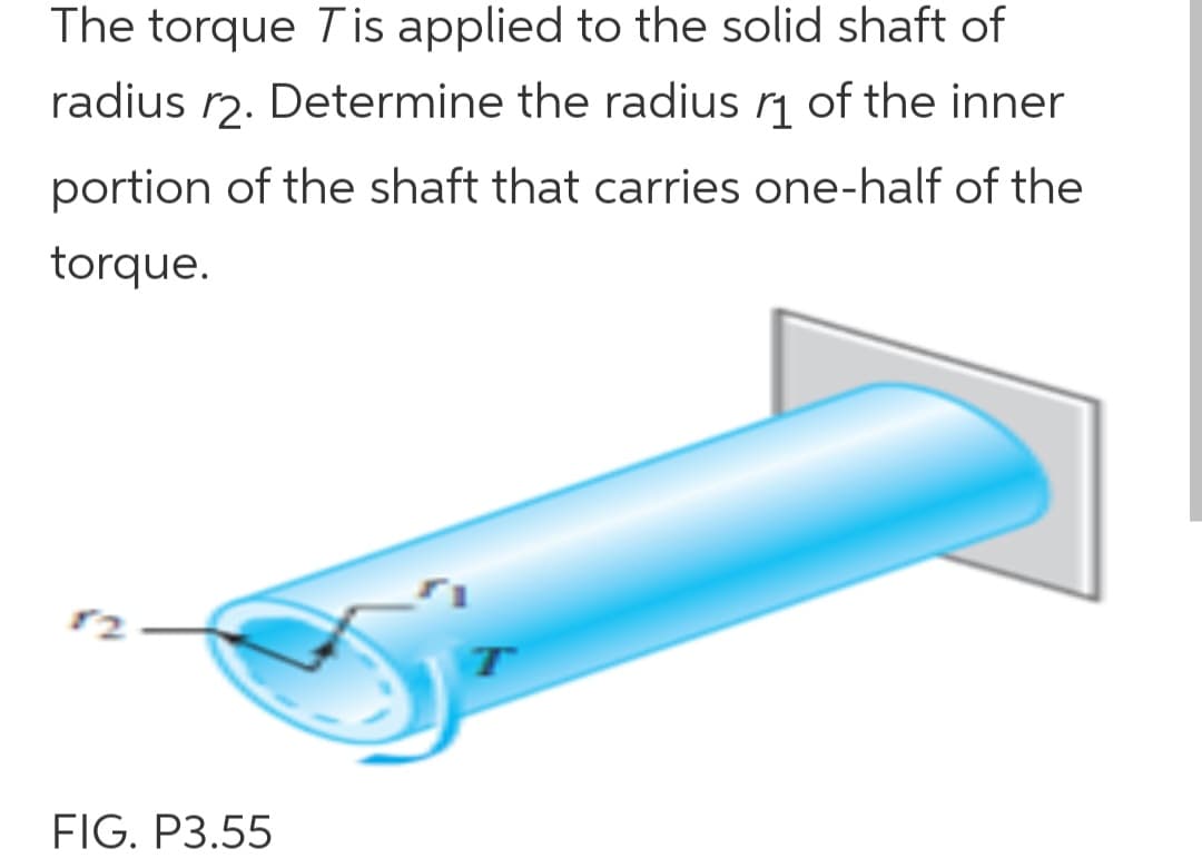 The torque Tis applied to the solid shaft of
radius 12. Determine the radius ₁ of the inner
portion of the shaft that carries one-half of the
torque.
FIG. P3.55