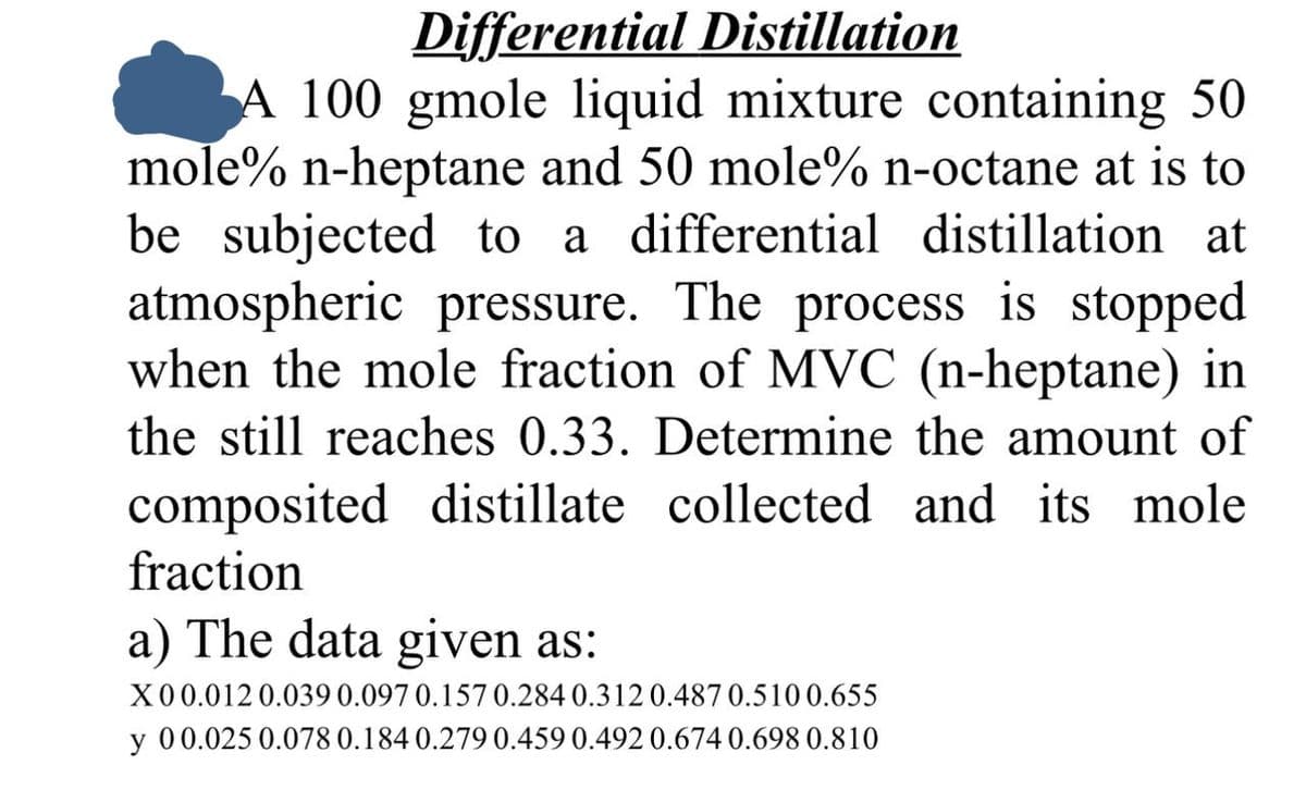 Differential Distillation
A 100 gmole liquid mixture containing 50
mole% n-heptane and 50 mole% n-octane at is to
be subjected to a differential distillation at
atmospheric pressure. The process is stopped
when the mole fraction of MVC (n-heptane) in
the still reaches 0.33. Determine the amount of
composited distillate collected and its mole
fraction
a) The data given as:
X00.012 0.039 0.097 0.157 0.284 0.312 0.487 0.510 0.655
y 0 0.025 0.078 0.184 0.279 0.459 0.492 0.674 0.698 0.810