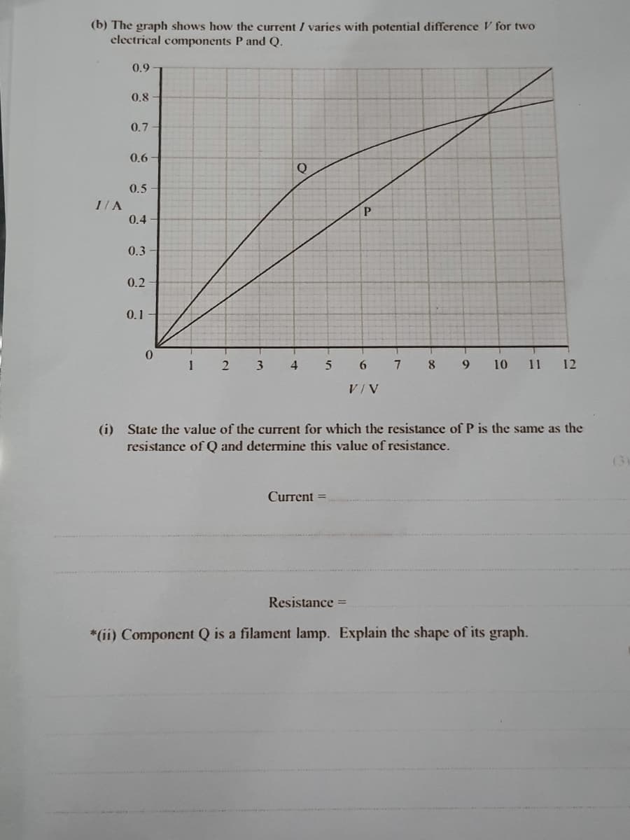 (b) The graph shows how the current / varies with potential difference V for two
clectrical components P and Q.
0.9
0.8 -
0.7
0.6
Q
0.5
I/A
0.4
0.3
0.2
0.1
1 2
4
8.
9.
10 11 12
VIV
(i) State the value of the current for which the resistance of P is the same as the
resistance of Q and determine this value of resistance.
(3)
Current =
Resistance =
*(ii) Component Q is a filament lamp. Explain the shape of its graph.
