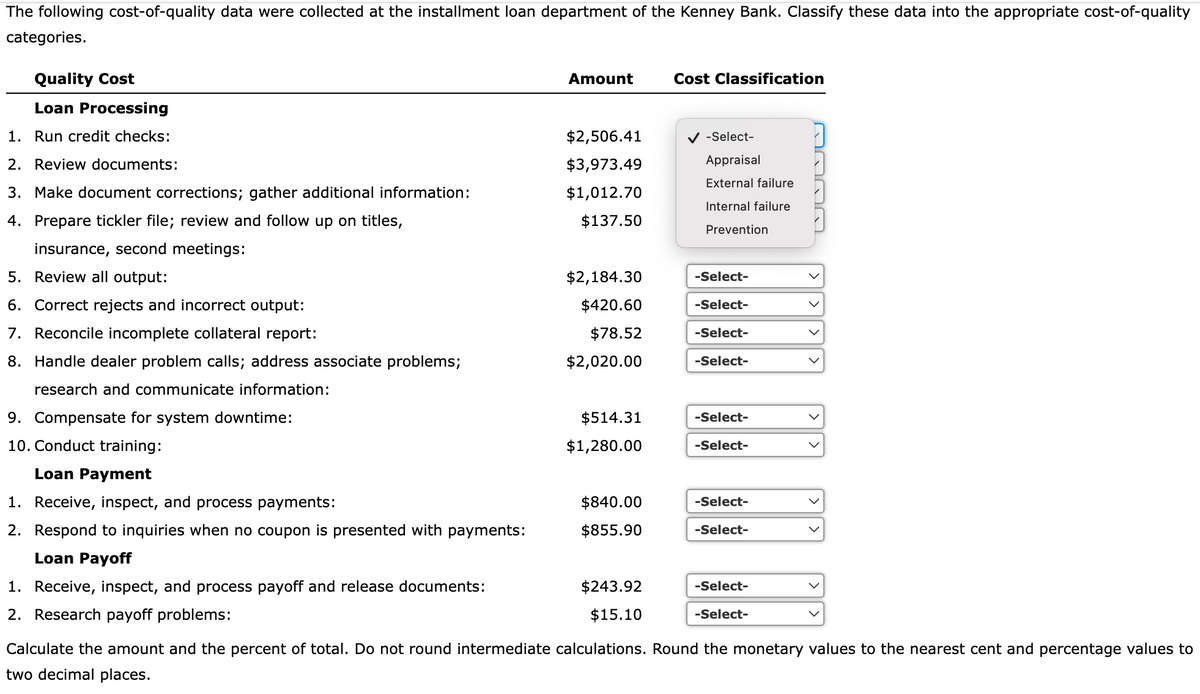 The following cost-of-quality data were collected at the installment loan department of the Kenney Bank. Classify these data into the appropriate cost-of-quality
categories.
Quality Cost
Loan Processing
1. Run credit checks:
2. Review documents:
3. Make document corrections; gather additional information:
4. Prepare tickler file; review and follow up on titles,
insurance, second meetings:
5. Review all output:
6. Correct rejects and incorrect output:
7. Reconcile incomplete collateral report:
8. Handle dealer problem calls; address associate problems;
research and communicate information:
9. Compensate for system downtime:
10. Conduct training:
Loan Payment
1. Receive, inspect, and process payments:
2. Respond to inquiries when no coupon is presented with payments:
Loan Payoff
1. Receive, inspect, and process payoff and release documents:
2. Research payoff problems:
Amount
$2,506.41
$3,973.49
$1,012.70
$137.50
$2,184.30
$420.60
$78.52
$2,020.00
$514.31
$1,280.00
$840.00
$855.90
$243.92
$15.10
Cost Classification
✔ -Select-
Appraisal
External failure
Internal failure
Prevention
-Select-
-Select-
-Select-
-Select-
-Select-
-Select-
-Select-
-Select-
-Select-
-Select-
Calculate the amount and the percent of total. Do not round intermediate calculations. Round the monetary values to the nearest cent and percentage values to
two decimal places.