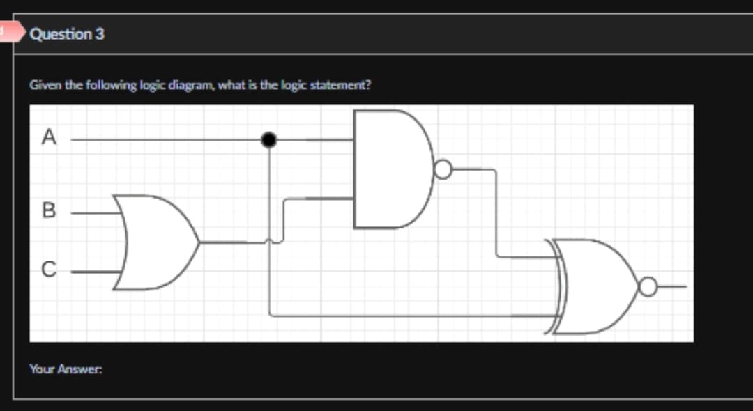 Question 3
Given the following logic diagram, what is the logic statement?
A
B
C
D
Your Answer:
며
o