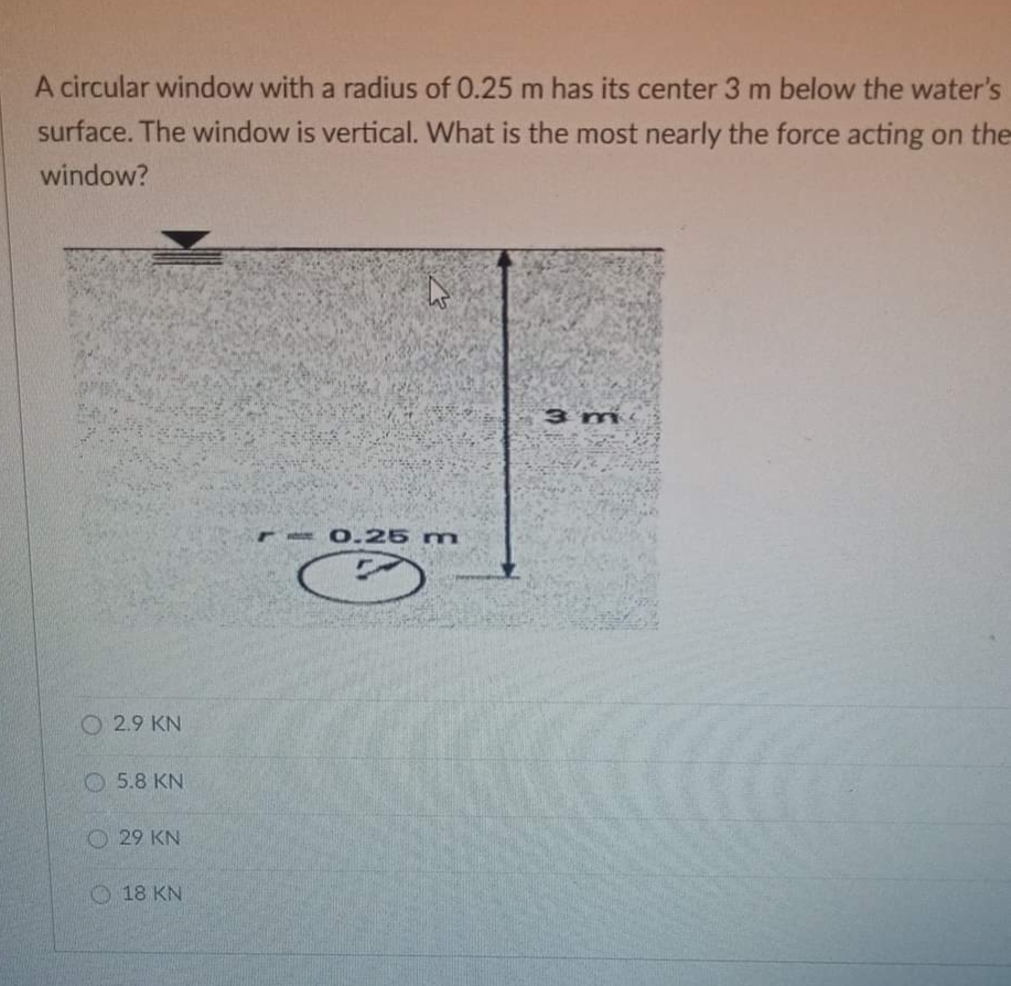 A circular window with a radius of 0.25 m has its center 3 m below the water's
surface. The window is vertical. What is the most nearly the force acting on the
window?
0.25 m
E
O2.9 KN
5.8 KN
29 KN
18 KN