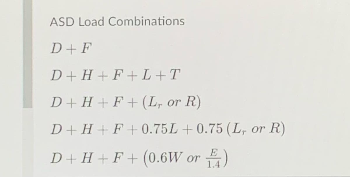 ASD Load Combinations
D+ F
D+H +F+L+T
D+H +F+ (L, or R)
D+H+F+ 0.75L+0.75 (L, or R)
E
D+H+F+ (0.6W or
