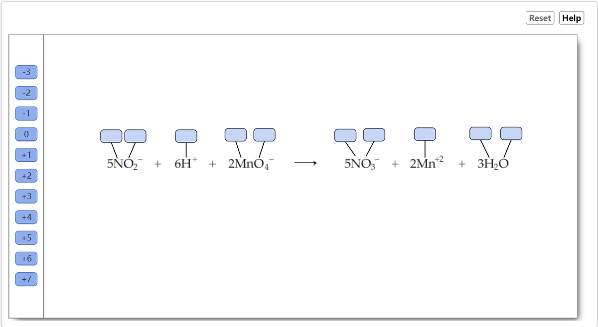 -2
-1
0
+1
+2
+3
+4
+5
+6
+7
將門路
??
5NO2
+ 6H+ + 2MnO4
R9
555
5NO3
+ 2Mn+²
+ 3H2O
Reset
Help