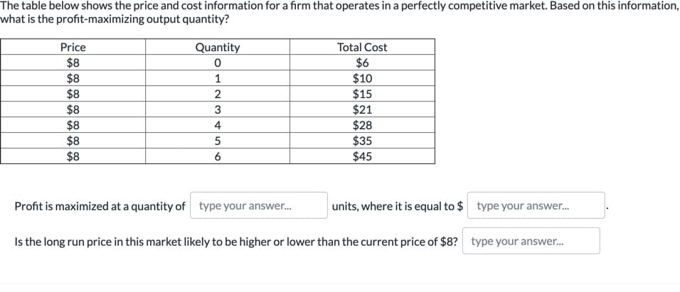 The table below shows the price and cost information for a firm that operates in a perfectly competitive market. Based on this information,
what is the profit-maximizing output quantity?
Price
Quantity
Total Cost
$8
$8
$8
$8
$8
$8
$8
$6
$10
$15
$21
$28
$35
$45
1
2
3
4
5
6
Profit is maximized at a quantity of type your answer.
units, where it is equal to $ type your answer.
Is the long run price in this market likely to be higher or lower than the current price of $8? type your answer.
