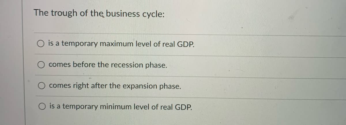The trough of the business cycle:
O is a temporary maximum level of real GDP.
comes before the recession phase.
comes right after the expansion phase.
is a temporary minimum level of real GDP.
