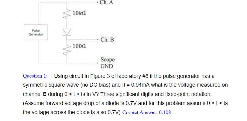 Pulse
Generator
10ΚΩ
1009
. Ch. A
Ch. B
Scope
GND
Question 1: Using circuit in Figure 3 of laboratory #5 if the pulse generator has a
symmetric square wave (no DC bias) and If = 0.94mA what is the voltage measured on
channel B during 0 < t <ts in V? Three significant digits and fixed-point notation.
(Assume forward voltage drop of a diode is 0.7V and for this problem assume 0 < t < ts
the voltage across the diode is also 0.7V) Correct Answer: 0.108