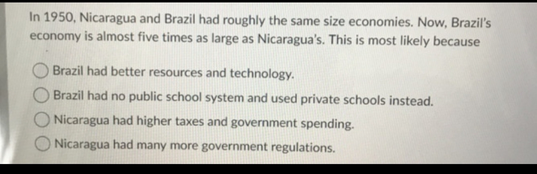 In 1950, Nicaragua and Brazil had roughly the same size economies. Now, Brazil's
economy is almost five times as large as Nicaragua's. This is most likely because
Brazil had better resources and technology.
Brazil had no public school system and used private schools instead.
Nicaragua had higher taxes and government spending.
Nicaragua had many more government regulations.