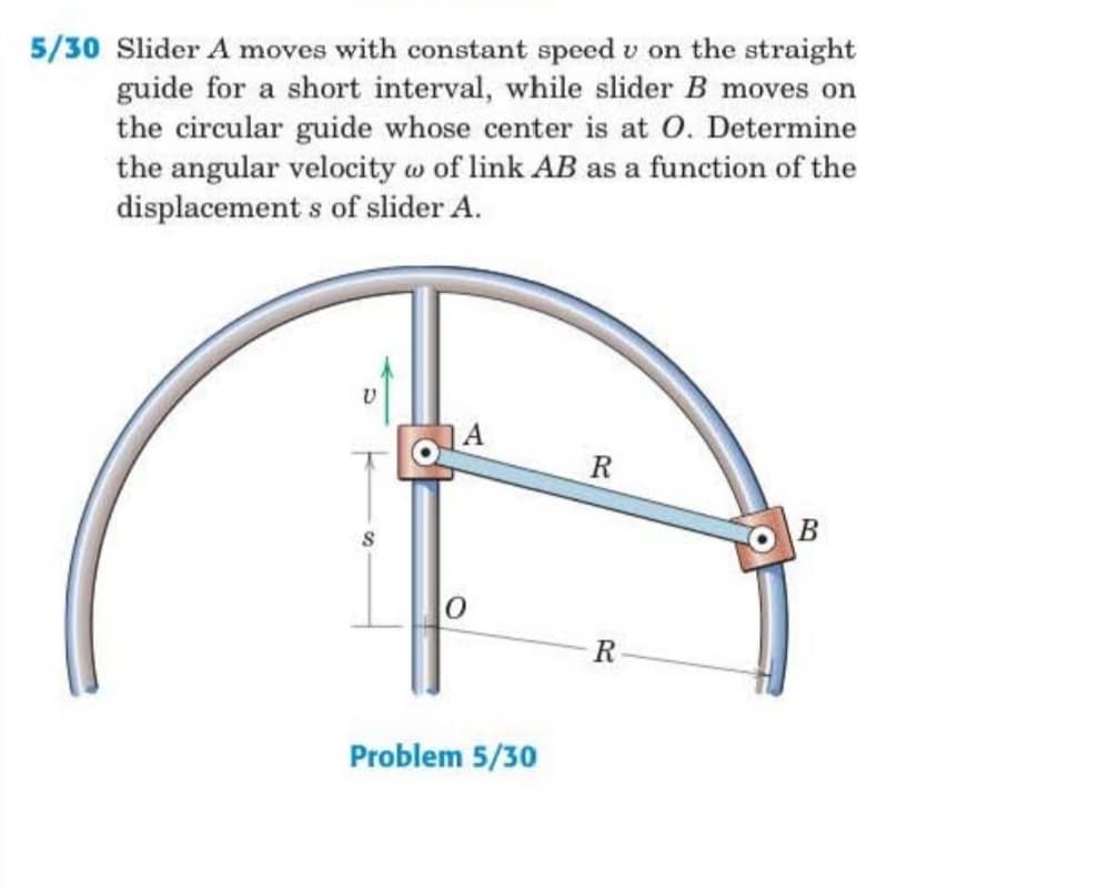 5/30 Slider A moves with constant speed v on the straight
guide for a short interval, while slider B moves on
the circular guide whose center is at O. Determine
the angular velocity w of link AB as a function of the
displacement s of slider A.
R
Problem 5/30
