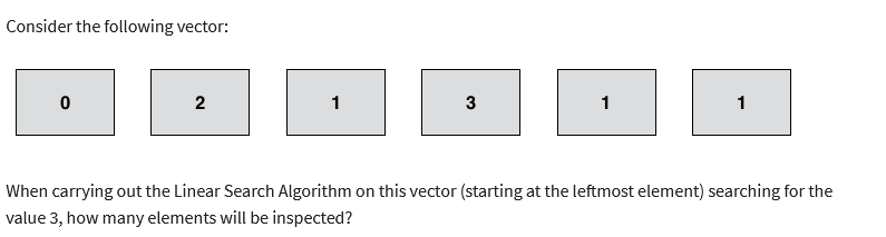 Consider the following vector:
0
2
1
3
1
1
When carrying out the Linear Search Algorithm on this vector (starting at the leftmost element) searching for the
value 3, how many elements will be inspected?