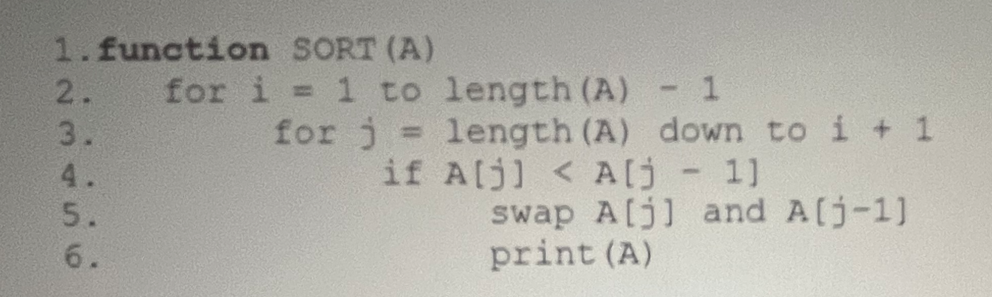 1. function SORT (A)
2. for i = 1 to length (A) - 1
3.
length (A) down to i+ 1
A[j] <A[j - 1]
for j =
if
swap A[j] and A[j-1]
print (A)
345WNP
4.
5.
6.