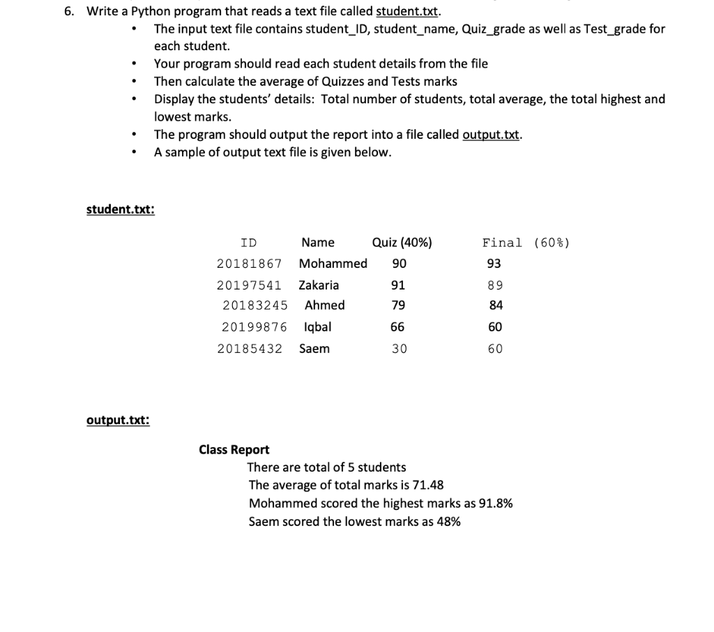 6. Write a Python program that reads a text file called student.txt.
The input text file contains student_ID, student_name, Quiz_grade as well as Test_grade for
each student.
output.txt:
Your program should read each student details from the file
Then calculate the average of Quizzes and Tests marks
Display the students' details: Total number of students, total average, the total highest and
lowest marks.
The program should output the report into a file called output.txt.
A sample of output text file is given below.
student.txt:
ID
Name
20181867 Mohammed
20197541 Zakaria
20183245 Ahmed
20199876 Iqbal
20185432 Saem
Class Report
Quiz (40%)
90
91
79
66
30
There are total of 5 students
The average of total marks is 71.48
Final (60%)
93
89
84
60
60
Mohammed scored the highest marks as 91.8%
Saem scored the lowest marks as 48%