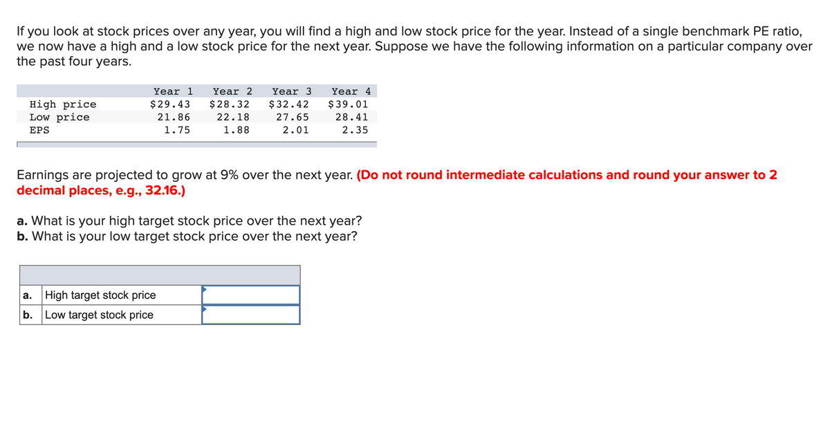 you look at stock prices over any year, you will find a high and low stock price for the year. Instead of a single benchmark PE ratio,
we now have a high and a low stock price for the next year. Suppose we have the following information on a particular company over
the past four years.
High price
Low price
EPS
Year 1 Year 2 Year 3
$29.43 $28.32 $32.42
21.86 22.18 27.65
1.75
1.88
2.01
Earnings are projected to grow at 9% over the next year. (Do not round intermediate calculations and round your answer to 2
decimal places, e.g., 32.16.)
a.
b.
Year 4
$39.01
28.41
2.35
a. What is your high target stock price over the next year?
b. What is your low target stock price over the next year?
High target stock price
Low target stock price