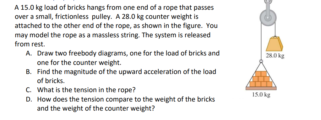 A 15.0 kg load of bricks hangs from one end of a rope that passes
over a small, frictionless pulley. A 28.0 kg counter weight is
attached to the other end of the rope, as shown in the figure. You
may model the rope as a massless string. The system is released
from rest.
A. Draw two freebody diagrams, one for the load of bricks and
one for the counter weight.
B. Find the magnitude of the upward acceleration of the load
of bricks.
28.0 kg
C. What is the tension in the rope?
D. How does the tension compare to the weight of the bricks
and the weight of the counter weight?
15.0 kg
