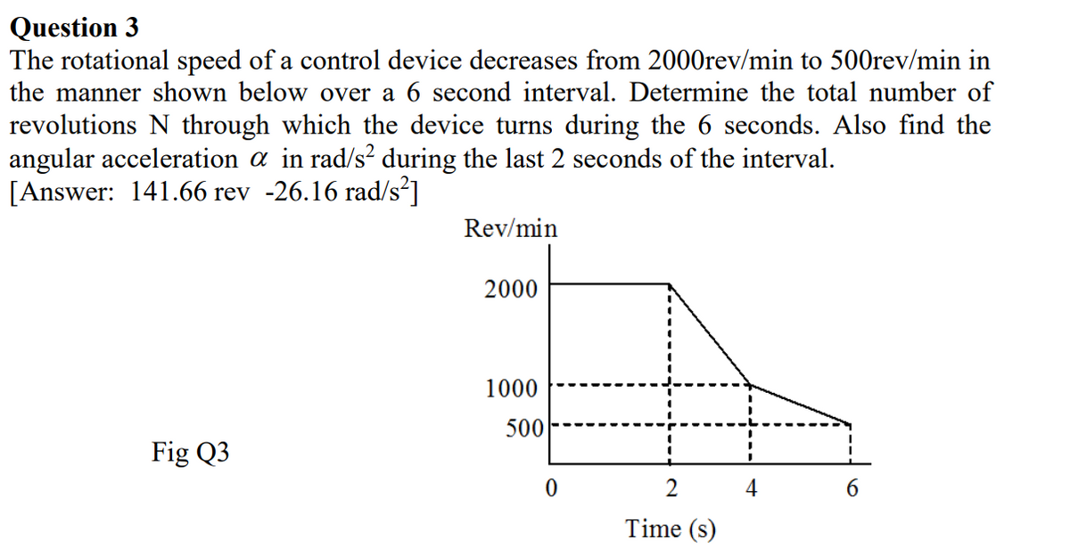 Question 3
The rotational speed of a control device decreases from 2000rev/min to 500rev/min in
the manner shown below over a 6 second interval. Determine the total number of
revolutions N through which the device turns during the 6 seconds. Also find the
angular acceleration a in rad/s² during the last 2 seconds of the interval.
[Answer: 141.66 rev -26.16 rad/s2]
Rev/min
2000
1000
500
Fig Q3
2
Time (s)
