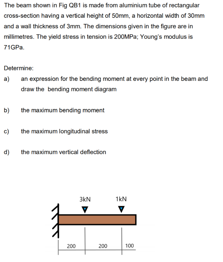 The beam shown in Fig QB1 is made from aluminium tube of rectangular
cross-section having a vertical height of 50mm, a horizontal width of 30mm
and a wall thickness of 3mm. The dimensions given in the figure are in
millimetres. The yield stress in tension is 200MPa; Young's modulus is
71GPa.
Determine:
an expression for the bending moment at every point in the beam and
draw the bending moment diagram
a)
b)
c)
d)
the maximum bending moment
the maximum longitudinal stress
the maximum vertical deflection
200
3kN
200
1kN
100