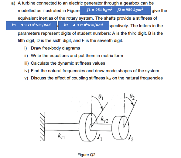 give the
a) A turbine connected to an electric generator through a gearbox can be
modelled as illustrated in Figure 1 = 951 kgm² J2 = 950 kgm²
equivalent inertias of the rotary system. The shafts provide a stiffness of
k1 = 9.9x10¹Nm/Rad k2 = 4.9x106Nm/Rad spectively. The letters in the
parameters represent digits of student numbers: A is the third digit, B is the
fifth digit, D is the sixth digit, and F is the seventh digit.
i) Draw free-body diagrams
ii) Write the equations and put them in matrix form
iii) Calculate the dynamic stiffness values
iv) Find the natural frequencies and draw mode shapes of the system
v) Discuss the effect of coupling stiffness k₁₂ on the natural frequencies
k₁₁
01
k12
O
Figure Q2.