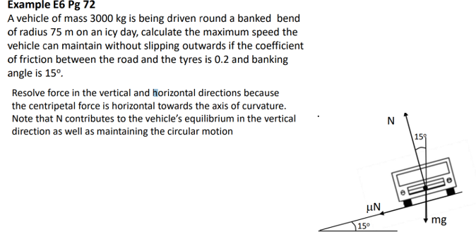 Example E6 Pg 72
A vehicle of mass 3000 kg is being driven round a banked bend
of radius 75 m on an icy day, calculate the maximum speed the
vehicle can maintain without slipping outwards if the coefficient
of friction between the road and the tyres is 0.2 and banking
angle is 15°.
Resolve force in the vertical and horizontal directions because
the centripetal force is horizontal towards the axis of curvature.
Note that N contributes to the vehicle's equilibrium in the vertical
direction as well as maintaining the circular motion
UN
mg
15°
