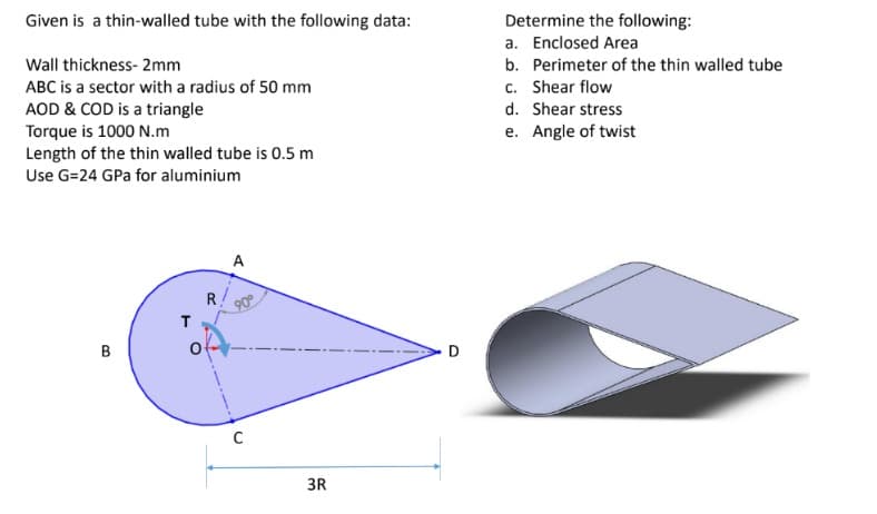Given is a thin-walled tube with the following data:
Wall thickness- 2mm
ABC is a sector with a radius of 50 mm
AOD & COD is a triangle
Torque is 1000 N.m
Length of the thin walled tube is 0.5 m
Use G=24 GPa for aluminium
A
90°
B
T
0
R!
C
3R
D
Determine the following:
a. Enclosed Area
b. Perimeter of the thin walled tube
c. Shear flow
d. Shear stress
e. Angle of twist