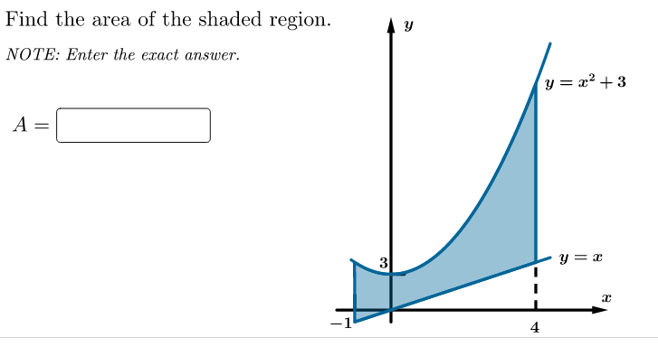 Find the area of the shaded region.
NOTE: Enter the exact answer.
y = x? + 3
А
3
y = x
4
