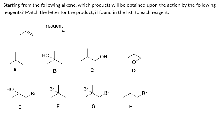 Starting from the following alkene, which products will be obtained upon the action by the following
reagents? Match the letter for the product, if found in the list, to each reagent.
A
НО.
E
Br
reagent
НО.
B
Br
F
t
C
Br
G
OH
Br
D
H
Br