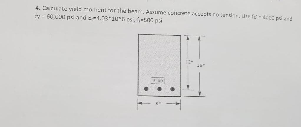 4. Calculate yield moment for the beam. Assume concrete accepts no tension. Use fc' = 4000 psi and
fy = 60,000 psi and E-4.03*10^6 psi, f=500 psi
15"
3-46
a
