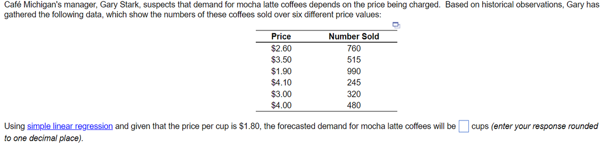 Café Michigan's manager, Gary Stark, suspects that demand for mocha latte coffees depends on the price being charged. Based on historical observations, Gary has
gathered the following data, which show the numbers of these coffees sold over six different price values:
Price
$2.60
$3.50
$1.90
$4.10
$3.00
$4.00
Number Sold
760
515
990
245
320
480
D
Using simple linear regression and given that the price per cup is $1.80, the forecasted demand for mocha latte coffees will be
to one decimal place).
cups (enter your response rounded