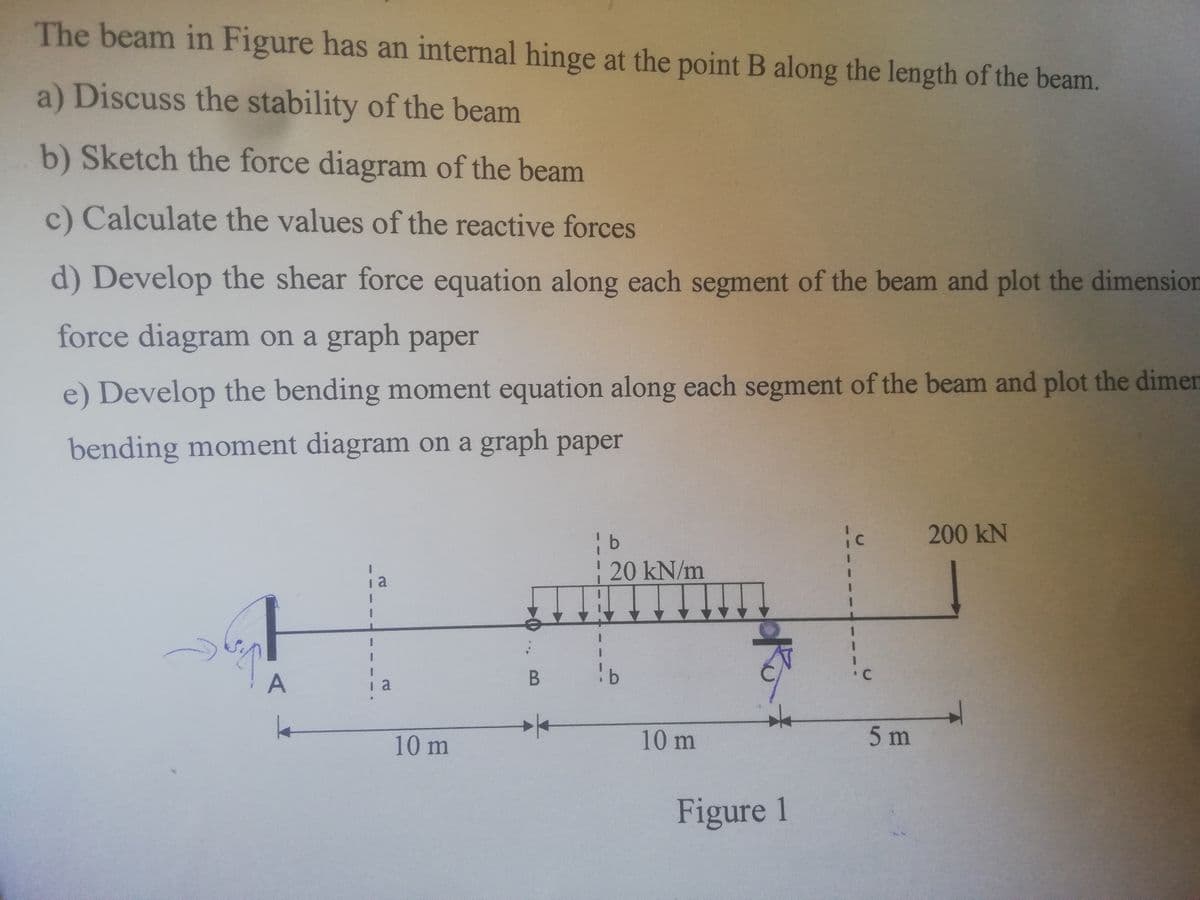 The beam in Figure has an internal hinge at the point B along the length of the beam.
a) Discuss the stability of the beam
b) Sketch the force diagram of the beam
c) Calculate the values of the reactive forces
d) Develop the shear force equation along each segment of the beam and plot the dimension
force diagram on a graph paper
e) Develop the bending moment equation along each segment of the beam and plot the dimen
bending moment diagram on a graph paper
200 kN
20 kN/m
¦ a
! b
A
Ia
10 m
B
¦ b
10 m
5 m
Figure 1