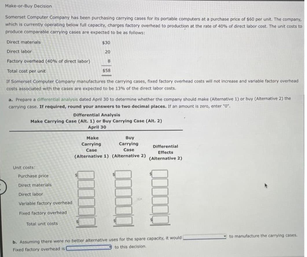 Make-or-Buy Decision
Somerset Computer Company has been purchasing carrying cases for its portable computers at a purchase price of $60 per unit. The company,
which is currently operating below full capacity, charges factory overhead to production at the rate of 40% of direct labor cost. The unit costs to
produce comparable carrying cases are expected to be as follows:
Direct materials
$30
Direct labor
20
Factory overhead (40% of direct labor)
8
Total cost per unit
$58
If Somerset Computer Company manufactures the carrying cases, fixed factory overhead costs will not increase and variable factory overhead
costs associated with the cases are expected to be 13% of the direct labor costs.
a. Prepare a differential analysis dated April 30 to determine whether the company should make (Alternative 1) or buy (Alternative 2) the
carrying case. If required, round your answers to two decimal places. If an amount is zero, enter "0".
Differential Analysis
Make Carrying Case (Alt. 1) or Buy Carrying Case (Alt. 2)
April 30
Buy
Carrying
Make
Carrying
Differential
Case
Case
Effects
(Alternative 1) (Alternative 2)
(Alternative 2)
Unit costs:
Purchase price
Direct materials
Direct labor
Variable factory overhead
Fixed factory overhead
Total unit costs
to manufacture the carrying cases.
b. Assuming there were no better alternative uses for the spare capacity, it would
to this decision.
Fixed factory overhead is
