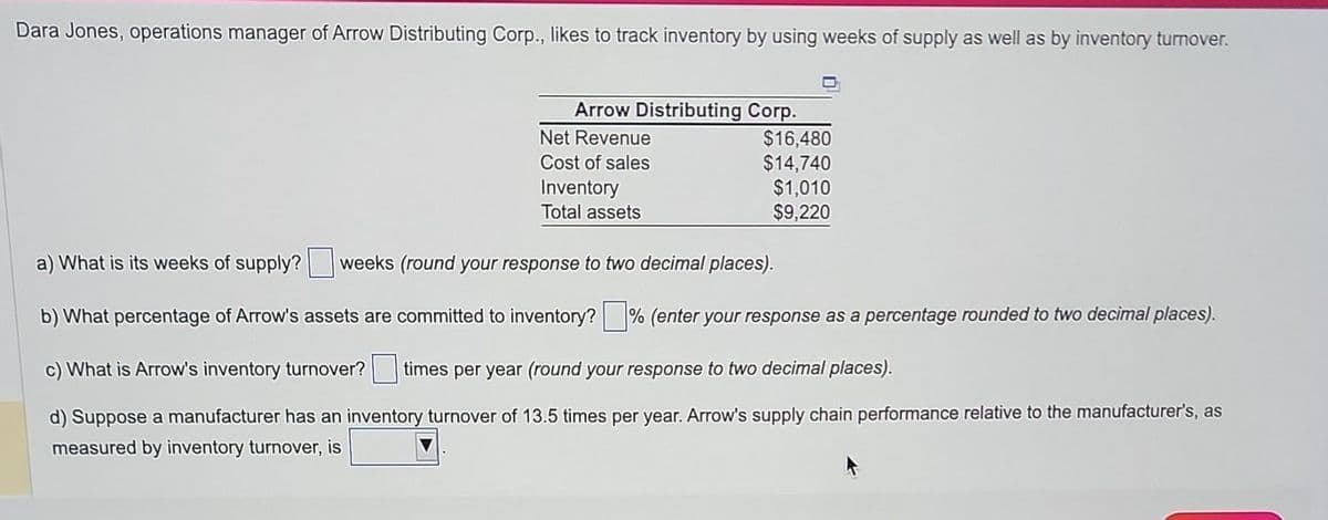 Dara Jones, operations manager of Arrow Distributing Corp., likes to track inventory by using weeks of supply as well as by inventory turnover.
Arrow Distributing Corp.
Net Revenue
Cost of sales
Inventory
Total assets
$16,480
$14,740
$1,010
$9,220
a) What is its weeks of supply? weeks (round your response to two decimal places).
b) What percentage of Arrow's assets are committed to inventory? % (enter your response as a percentage rounded to two decimal places).
c) What is Arrow's inventory turnover? times per year (round your response to two decimal places).
d) Suppose a manufacturer has an inventory turnover of 13.5 times per year. Arrow's supply chain performance relative to the manufacturer's, as
measured by inventory turnover, is