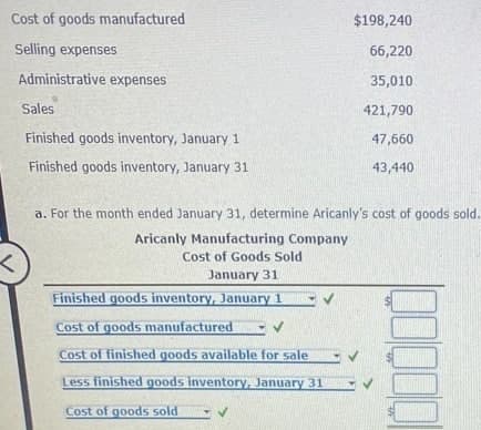 Cost of goods manufactured
$198,240
Selling expenses
66,220
Administrative expenses
35,010
Sales
421,790
Finished goods inventory, January 1
47,660
Finished goods inventory, January 31
43,440
a. For the month ended January 31, determine Aricanly's cost of goods sold.
Aricanly Manufacturing Company
Cost of Goods Sold
January 31
Finished goods inventory, January 1
Cost of goods manufactured V
Cost of finished goods available for sale
Less finished goods inventory, January 31
Cost of goods sold

