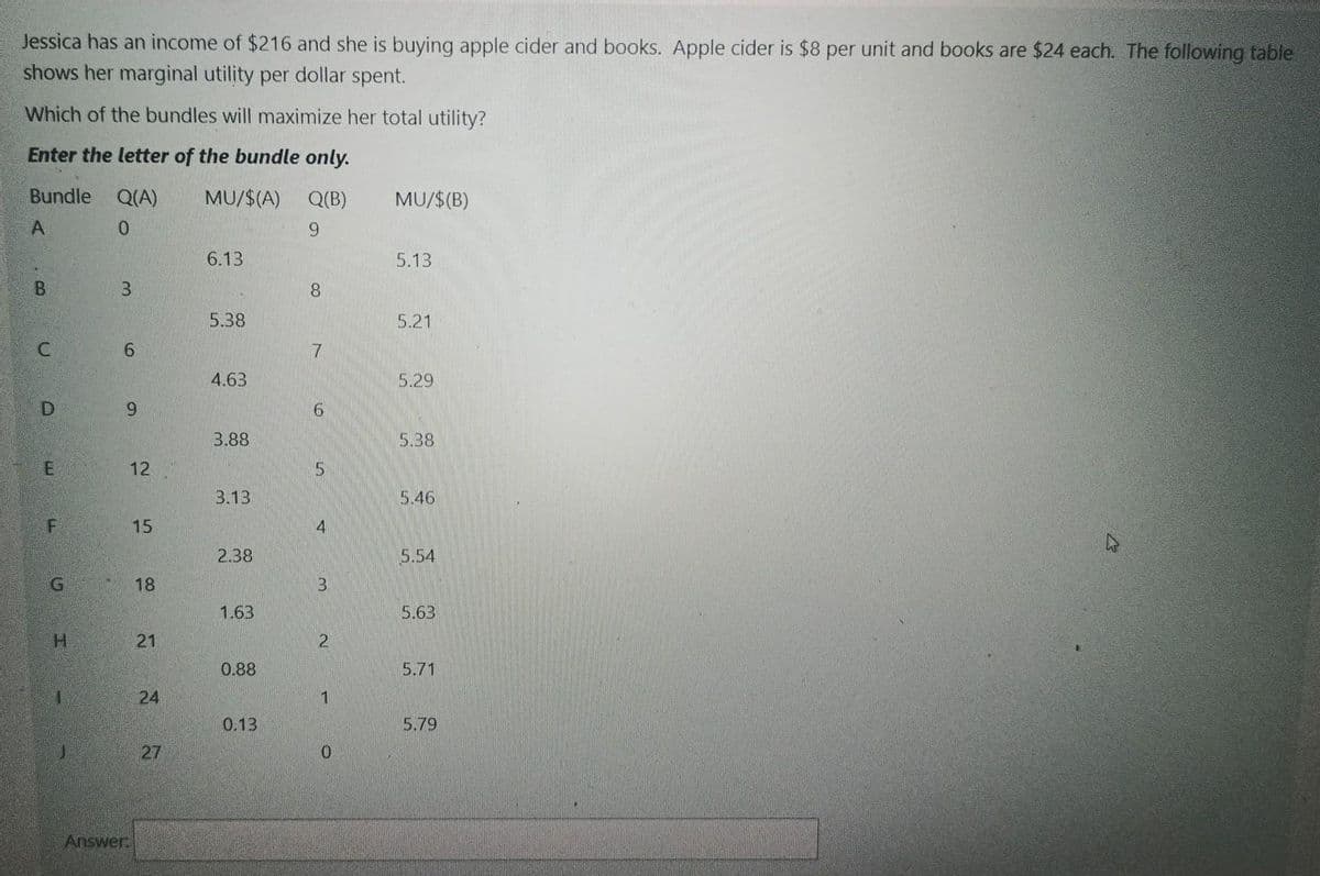 Jessica has an income of $216 and she is buying apple cider and books. Apple cider is $8 per unit and books are $24 each. The following table
shows her marginal utility per dollar spent.
Which of the bundles will maximize her total utility?
Enter the letter of the bundle only.
Bundle
Q(A)
MU/$(A) Q(B)
MU/$(B)
9.
6.13
5.13
B.
3.
8.
5.38
5.21
6.
7
4.63
5.29
6.
3.88
5.38
12
3.13
5.46
4.
2.38
5.54
G.
18
1.63
5.63
H.
21
0.88
5.71
24
0.13
5.79
27
0.
Answer
15
