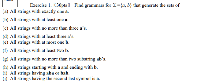 Exercise 1. [30pts Find grammars for Σ={a, b} that generate the sets of
(a) All strings with exactly one a.
(b) All strings with at least one a.
(c) All strings with no more than three a's.
(d) All strings with at least three a's.
(e) All strings with at most one b.
(f) All strings with at least two b.
(g) All strings with no more than two substring ab's.
(h) All strings starting with a and ending with b.
(i) All strings having aba or bab.
(j) All strings having the second last symbol is a.