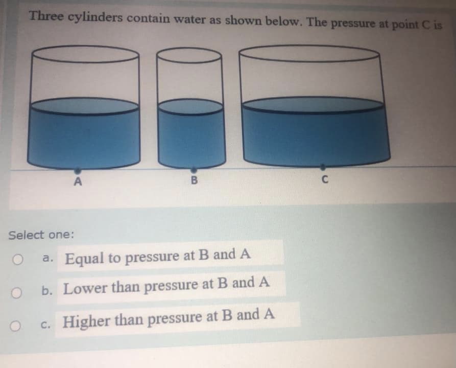 Three cylinders contain water as shown below. The pressure at point C is
C
Select one:
a. Equal to pressure at B andA
b. Lower than pressure at B and A
c. Higher than pressure at B and A
