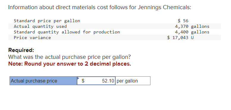Information about direct materials cost follows for Jennings Chemicals:
Standard price per gallon
Actual quantity used
Standard quantity allowed for production
Price variance
Required:
What was the actual purchase price per gallon?
Note: Round your answer to 2 decimal places.
Actual purchase price
$
52.10 per gallon
$ 56
4,370 gallons
4,400 gallons
$ 17,043 U